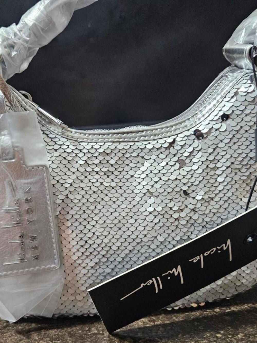 Nicole Miller Silver Sequin Hobo Shoulder Bag New NWT Purse